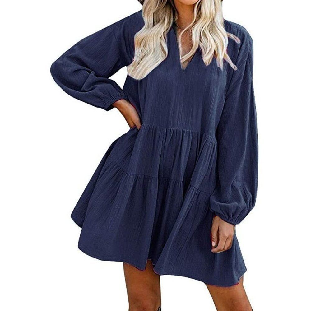 Navy Blue Ruffle Swing Mini Dress with Pockets